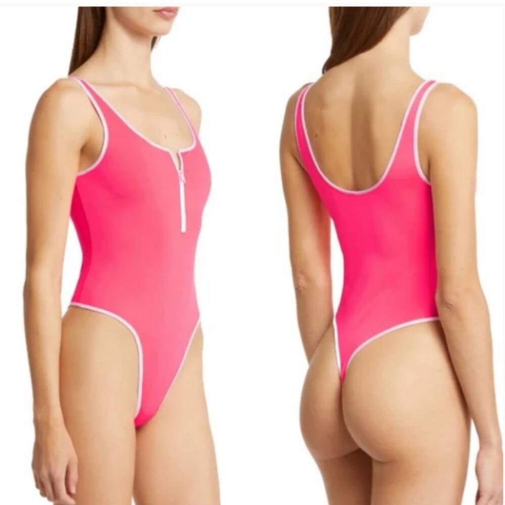 ALO Supernova Florescent Pink Thong Front Zipper Stellar Bodysuit Medium
